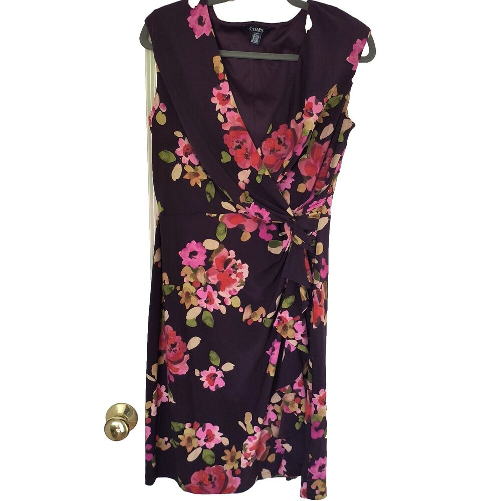 Chaps Dress L Purple Pink Floral Faux Wrap Sheath Sleeveless Ruched Stretch